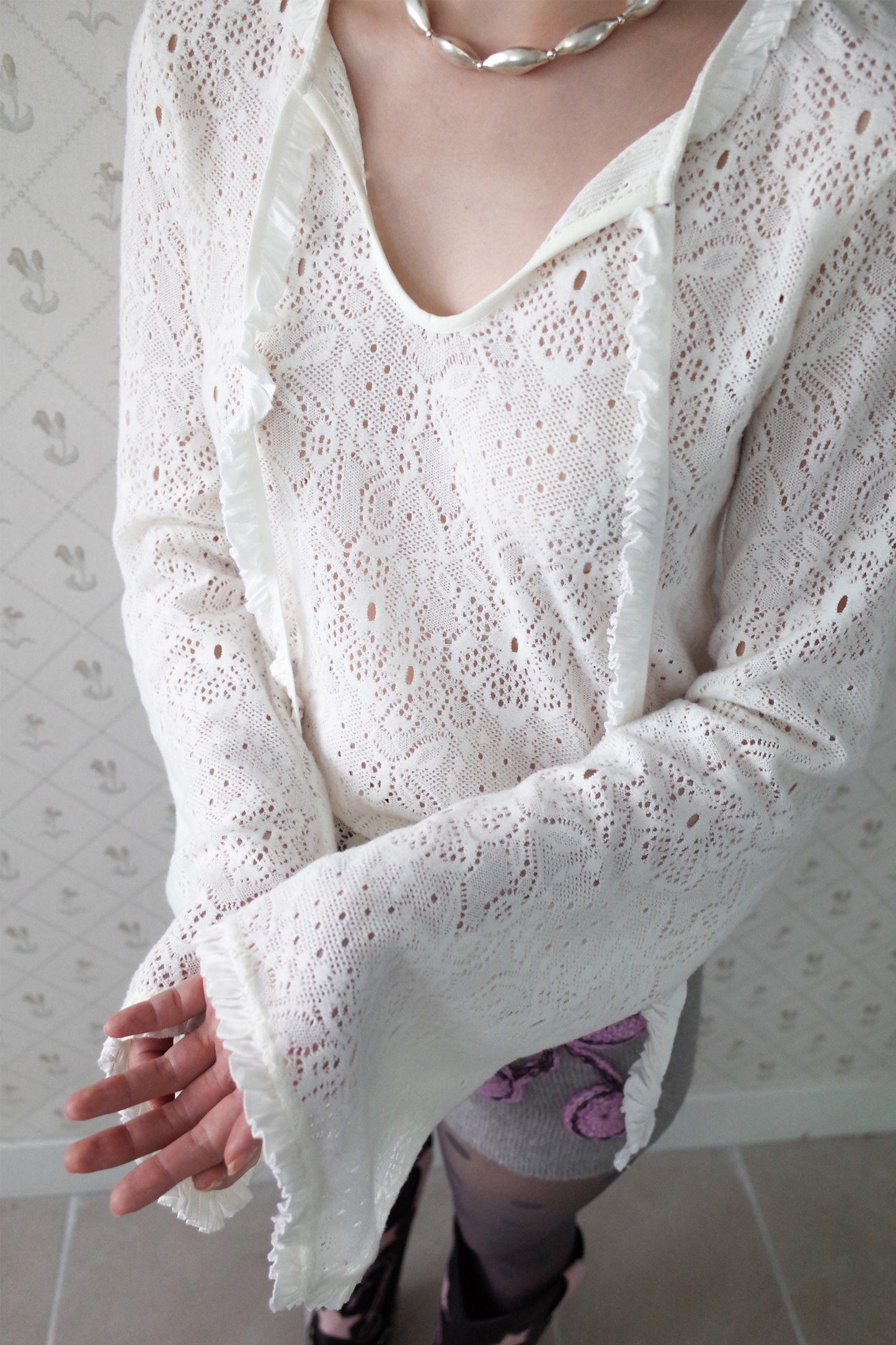 Brushed Lace Tunic Top (White)