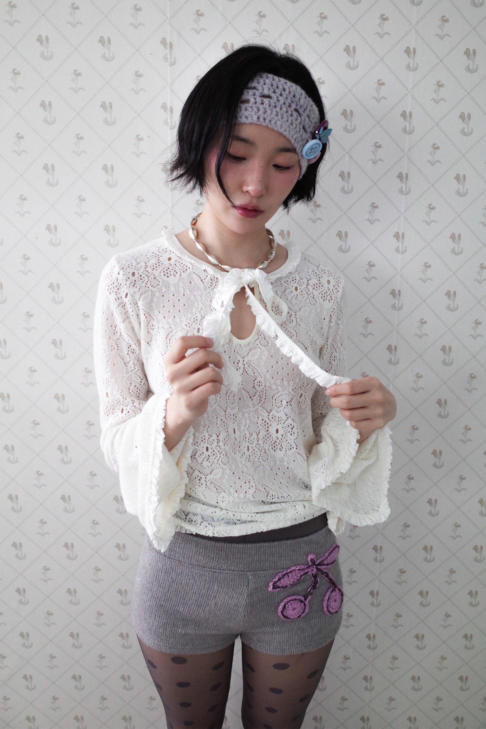 [12월 중순 출고]Crochet cherry shorts grey