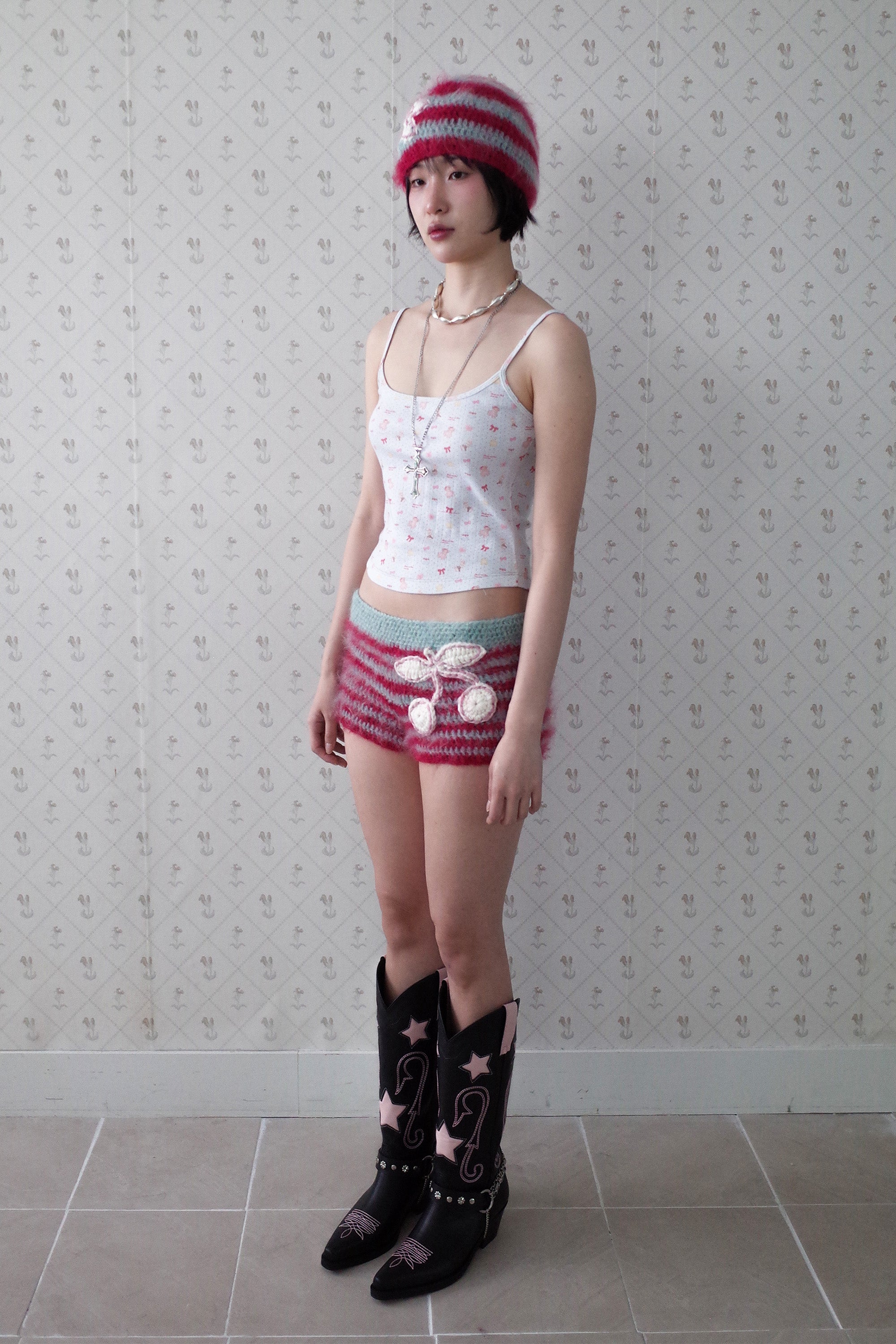 [Ordermade]Crochet mohair cherry shorts pink