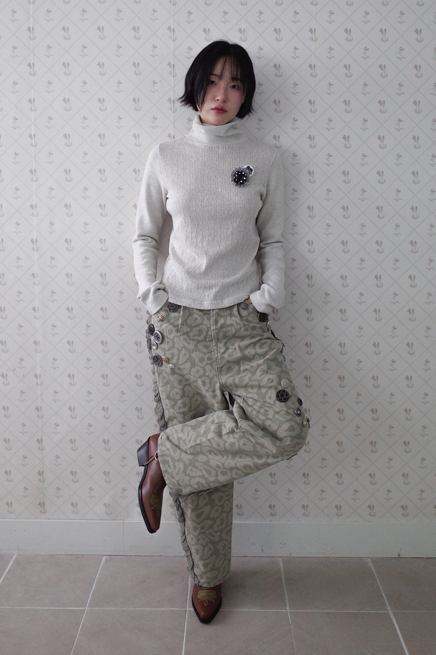 So Many Buttons Leopard Pants (Khaki)