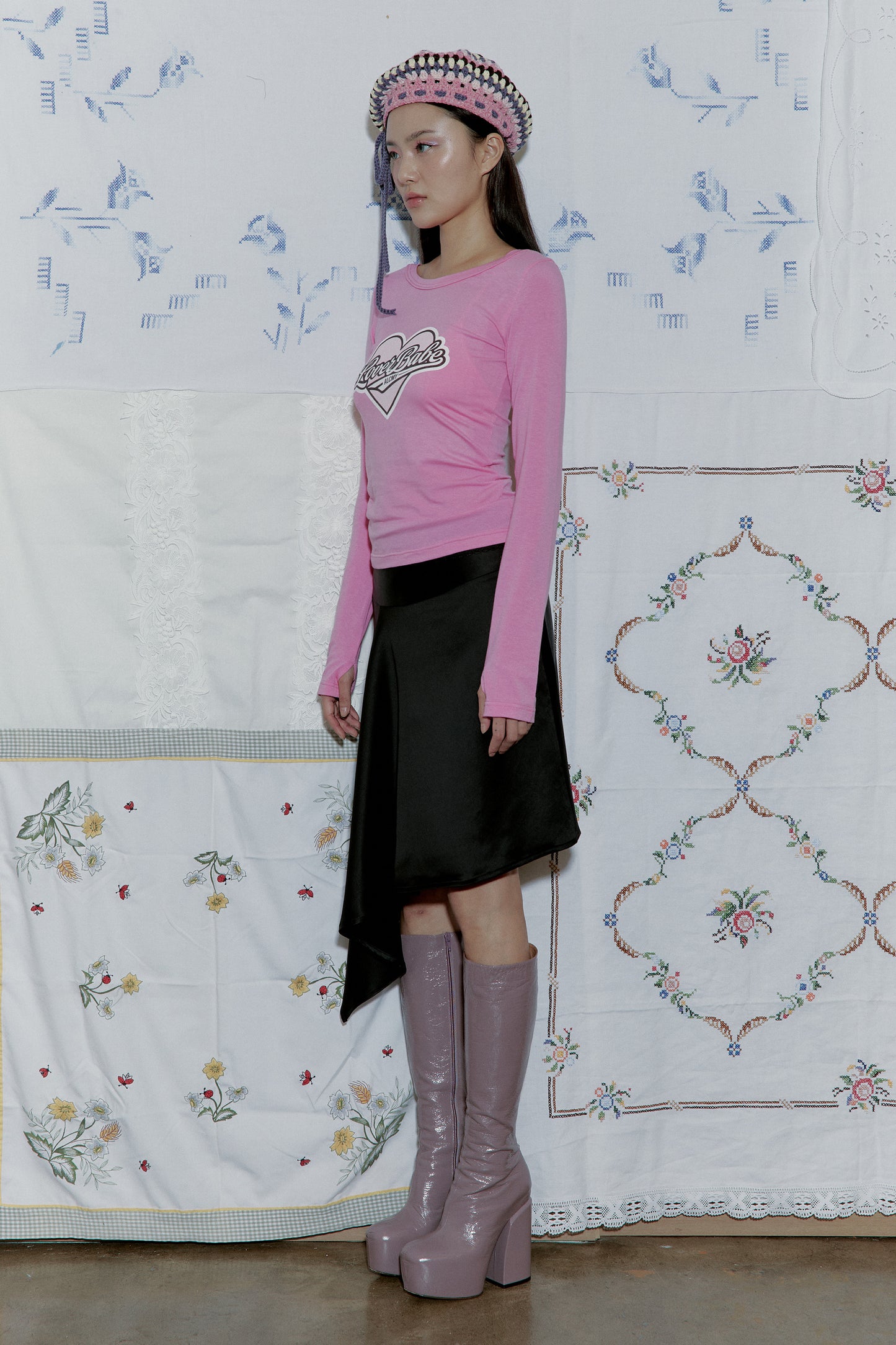 Asymmetric Satin Midi Skirt (Black)