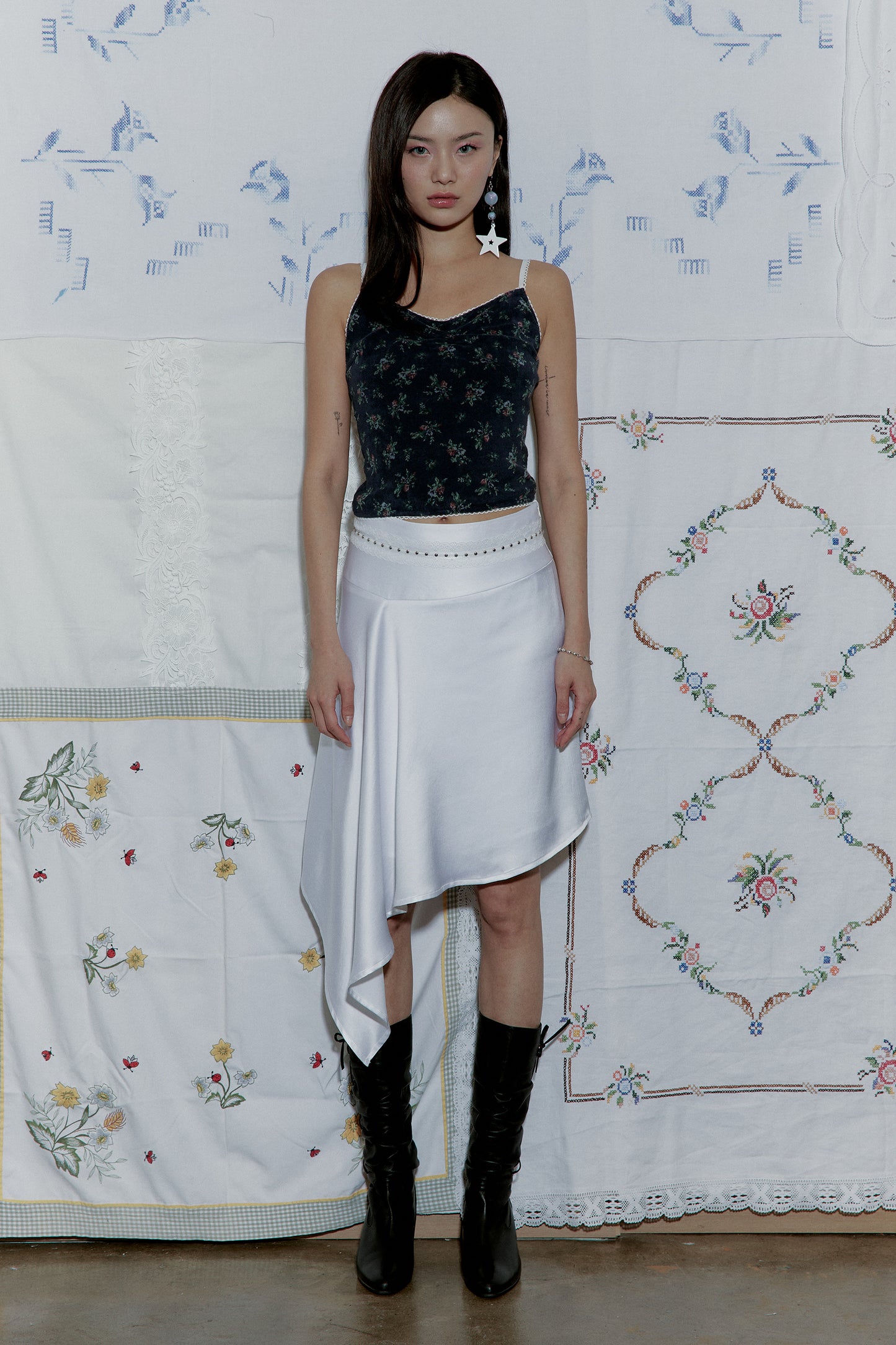 Asymmetric Satin Midi Skirt (White)
