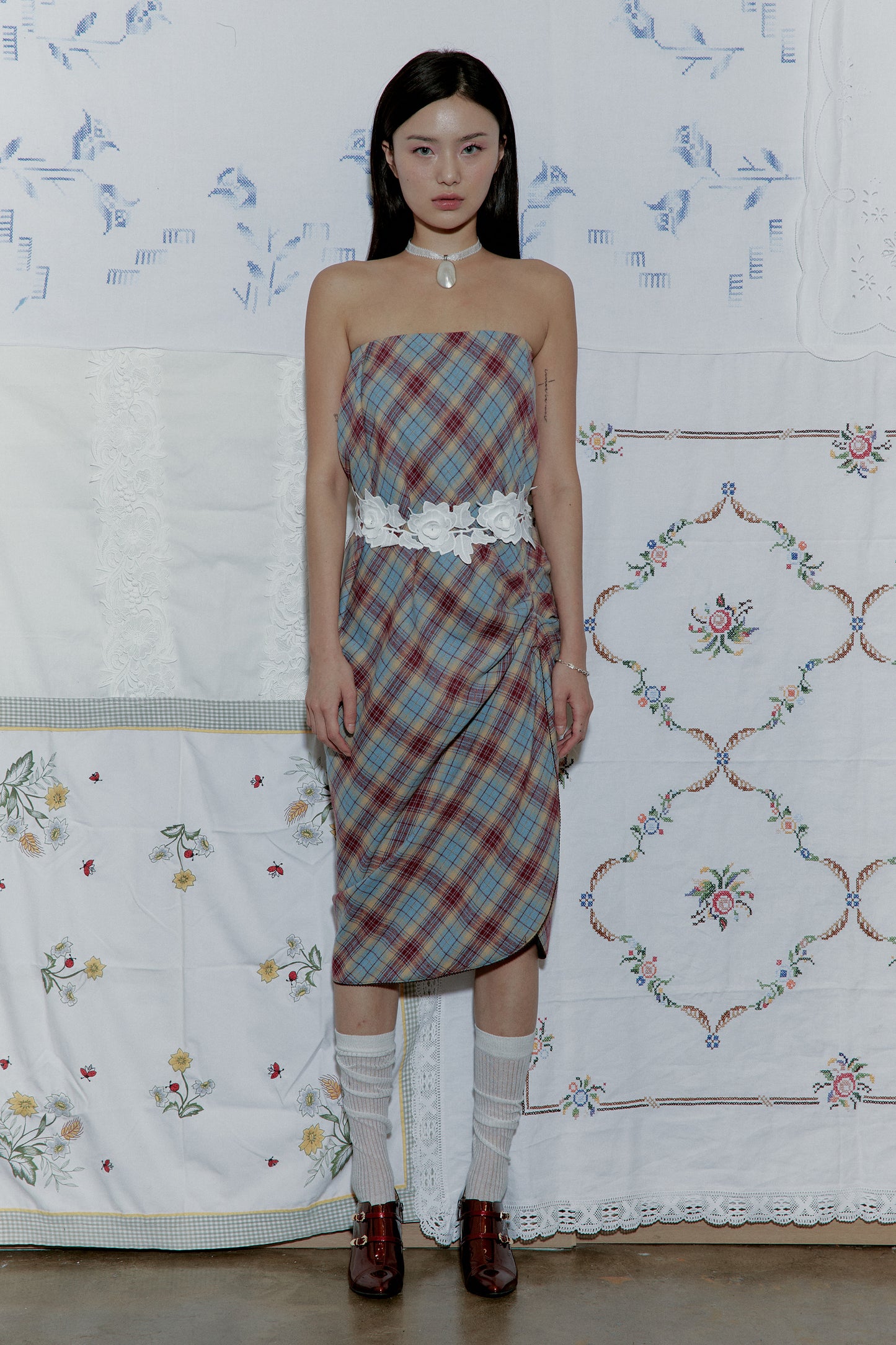 Drape Plaid Long Skirt (Blue)
