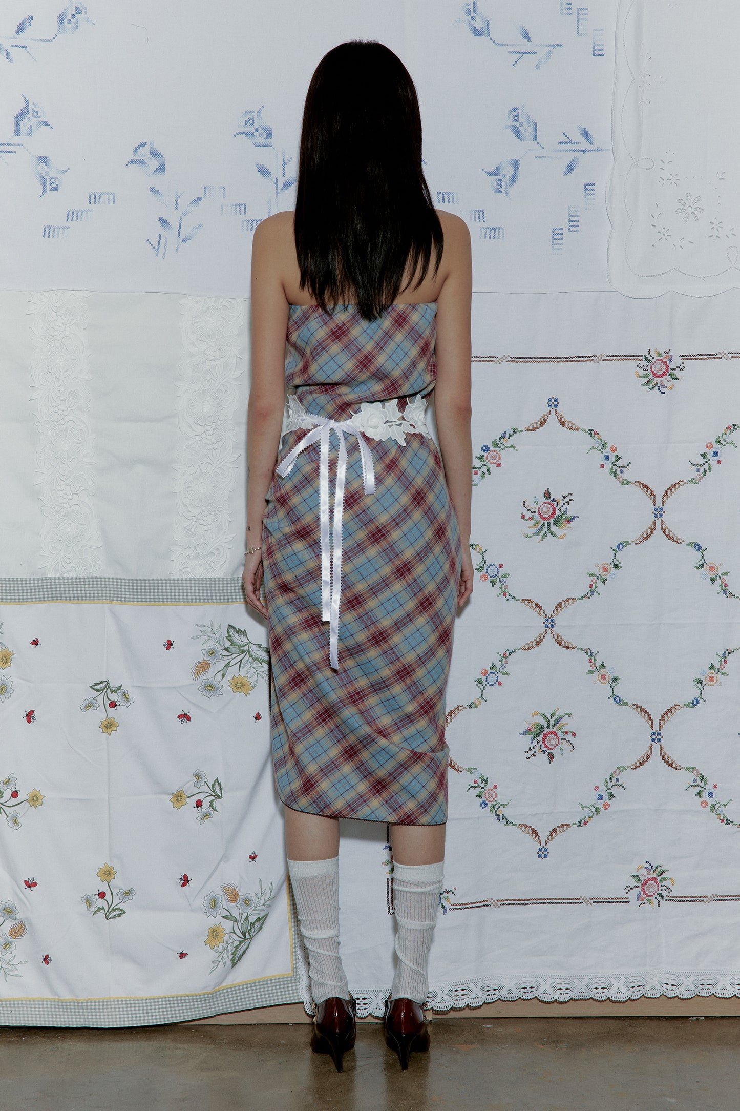 Drape Plaid Long Skirt (Blue)