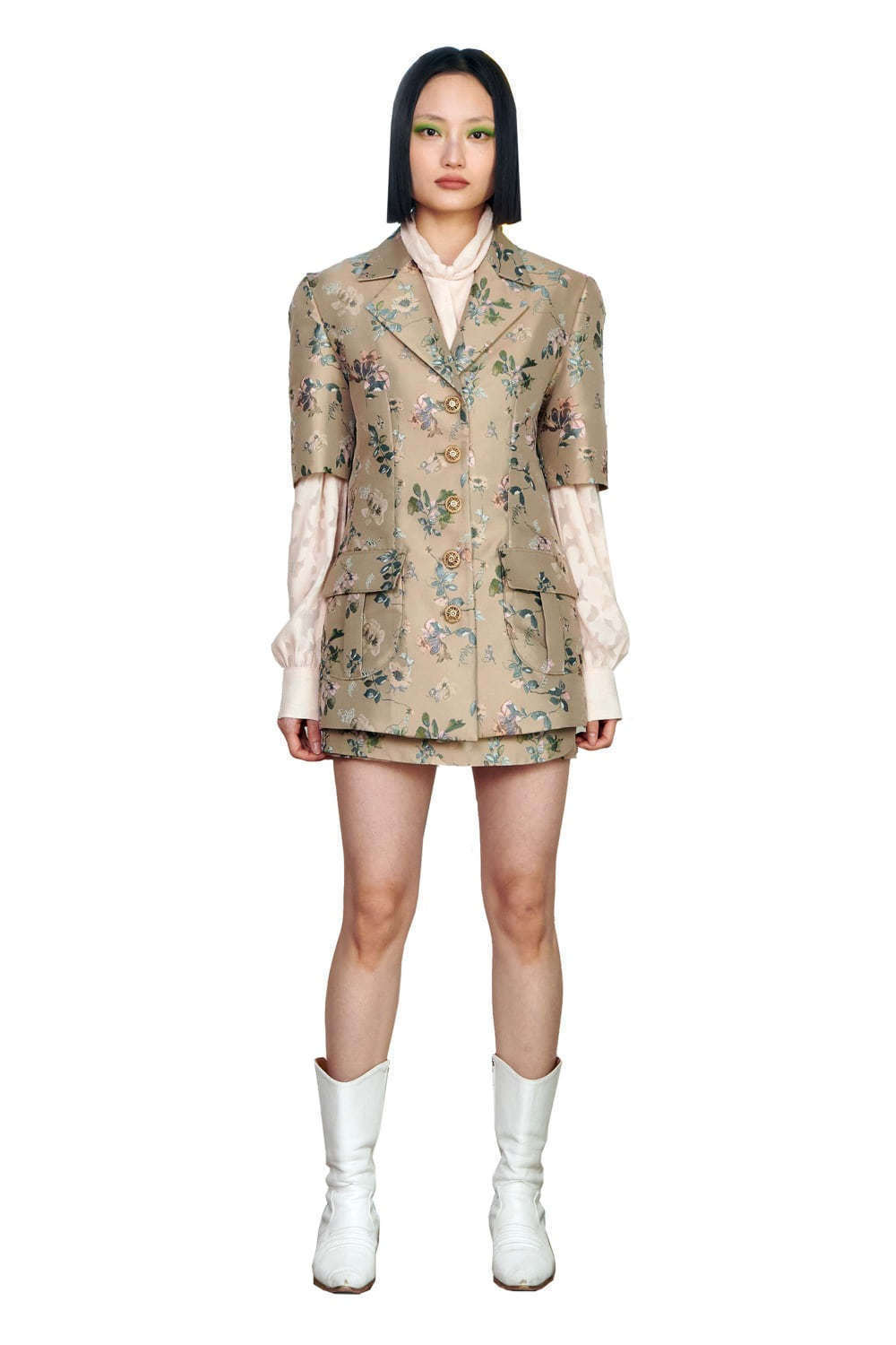 Full flower half sleeve jacket beige