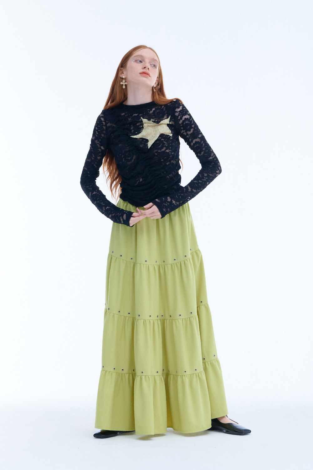 Tiered eyelet skirt_GREEN